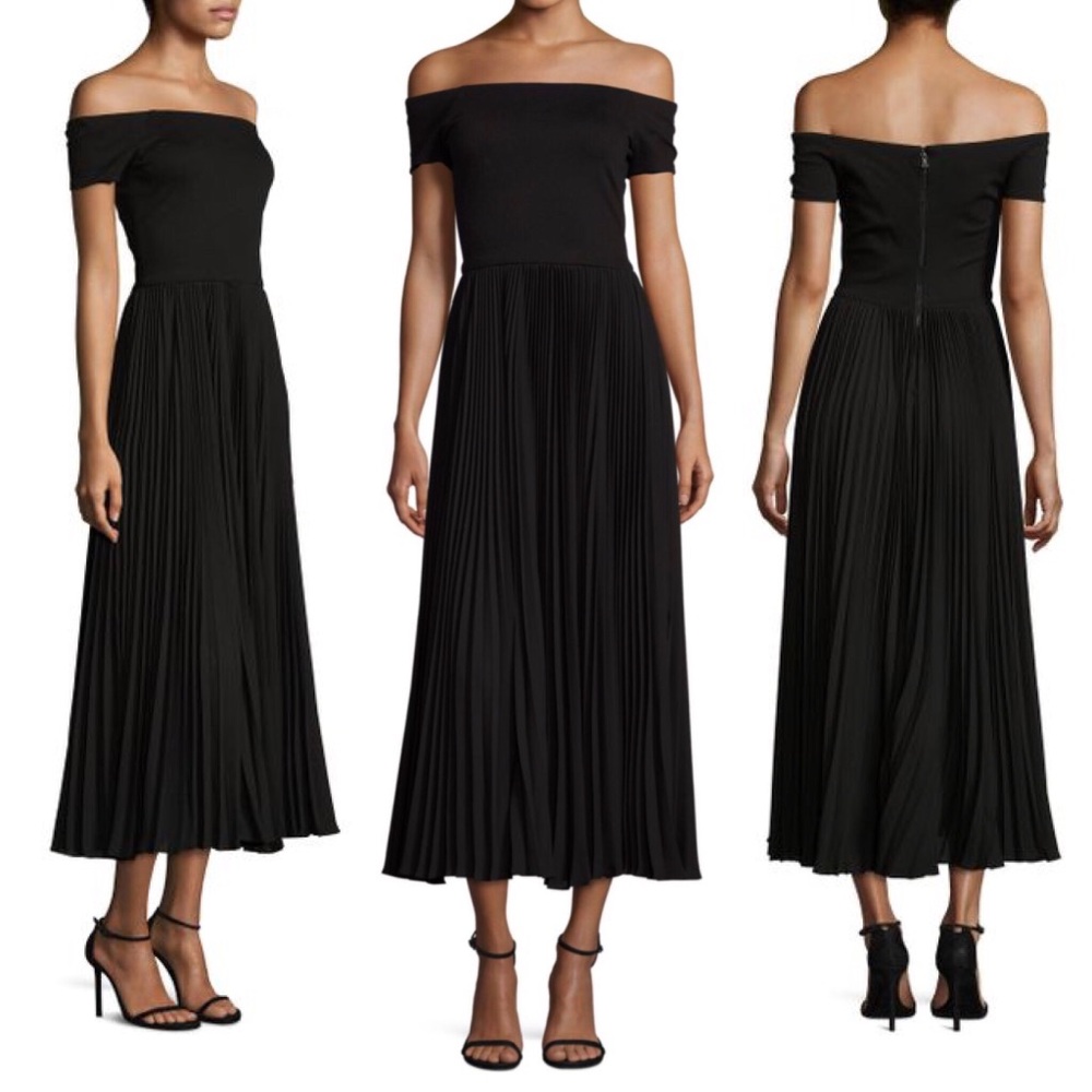 Alice + Olivia Off-the-Shoulder Pleated Skirt Gown